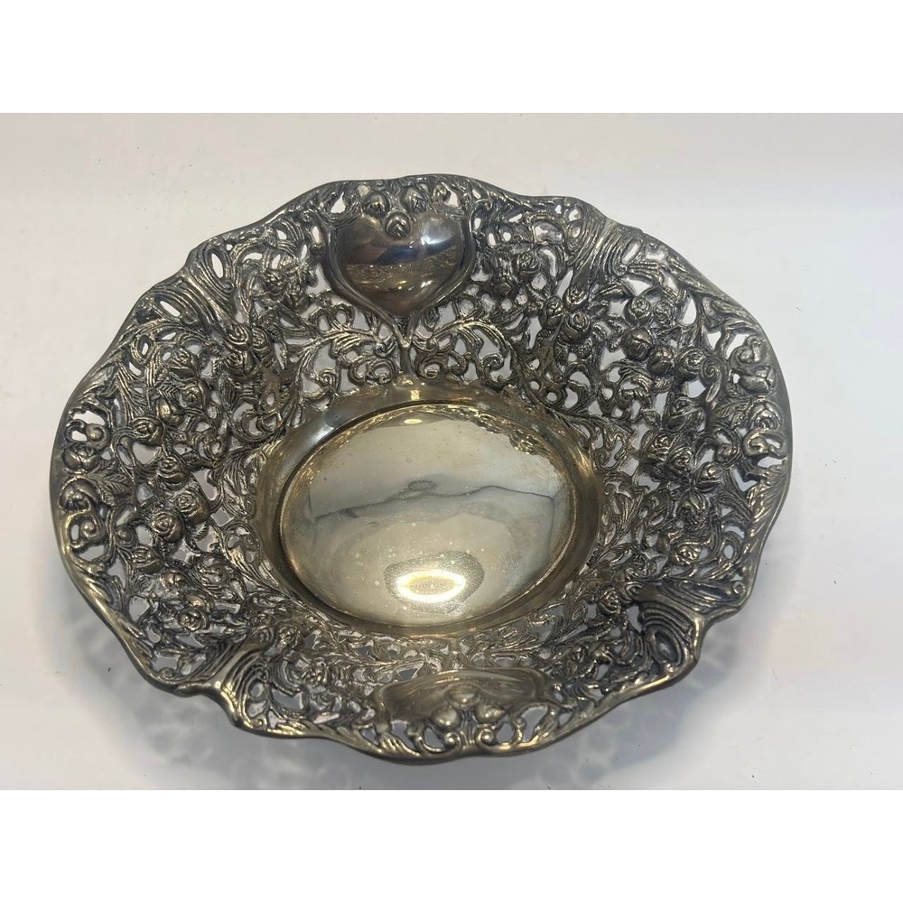 Vintage‎ Silver Tone Repousse Floral Reticulated Decorative Bowl Candy Dish 6"